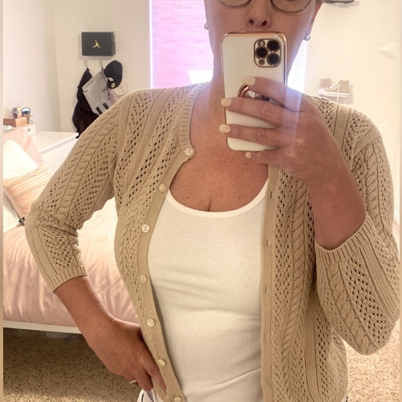 VINTAGE EDDIE BAUER Granny Coastal Grandma Preppy Pointelle Cable Knit Cardigan - Picture 1 of 5
